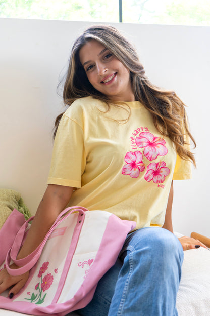 Live Happy Yellow Hibiscus Tee