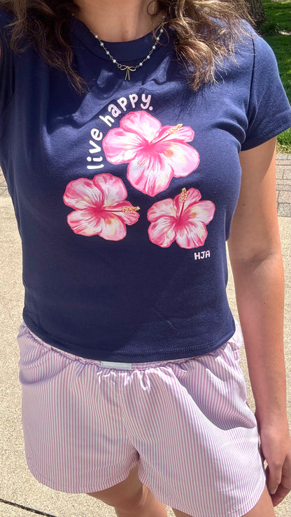 Live Happy Blue Hibiscus Baby Tee